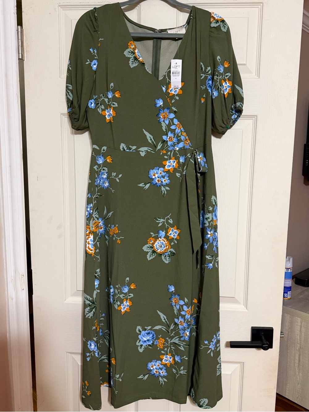 LOFT Olive Floral Wrap Midi Dress with Blue & Orange Blooms